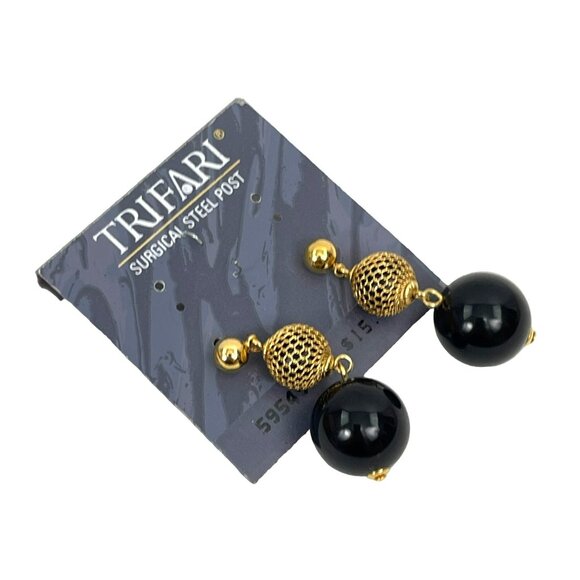 Trifari Surgical Steel Post Earrings Gold Black Ball Drop Pierced Vintage Jewelr - Picture 2 of 5